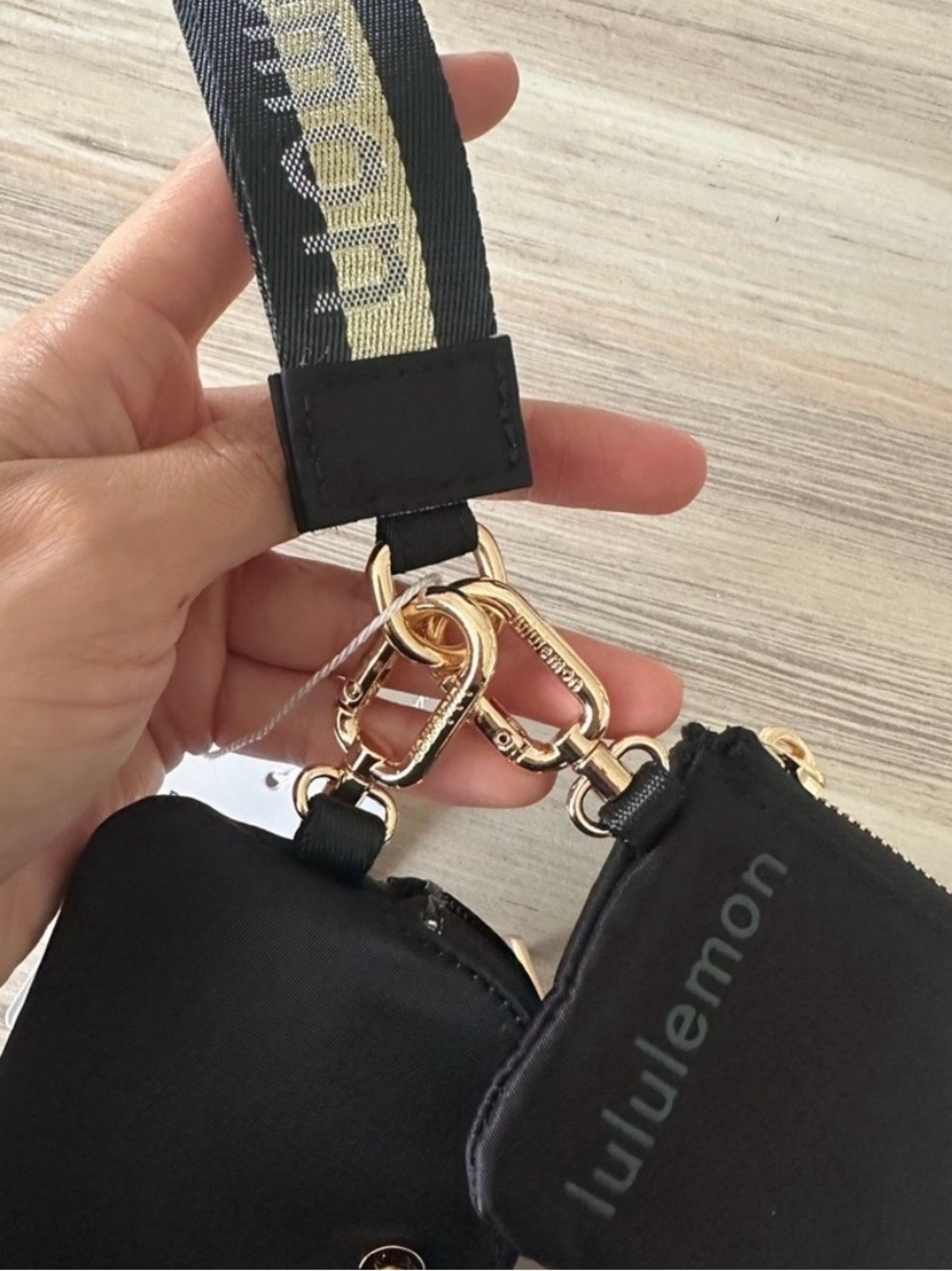 Lululemon athletica Dual Pouch Wristlet gold black bag purse gym keychain - Picture 3 of 5